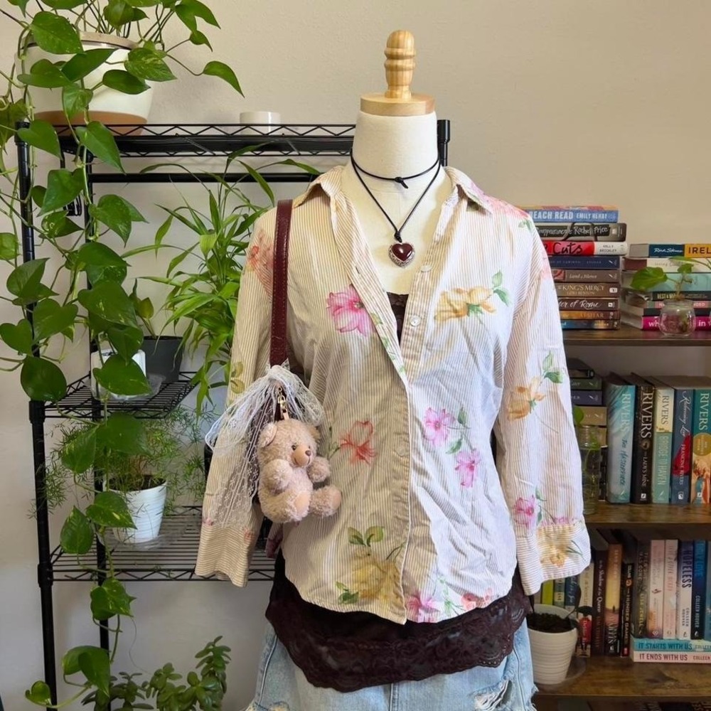 Vintage Lemon Grass Floral Striped Button‎ Up Tailored Blouse Large Cottage